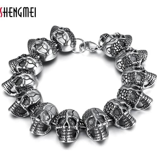 Shengmei Punk Long Skull Bracelets For Men Stainless Steel Skull Charm Link Chain Bracelets Male Gothic Jewelry 2019