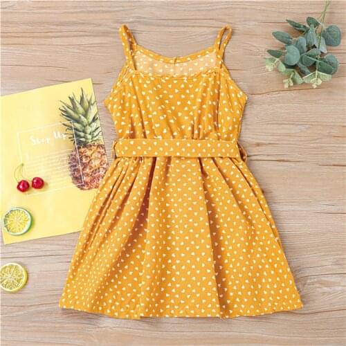 1-5 Years Girls Sleeveless V-Neck Midi Dress Yellow Polka Dot Print High Waist Sling Girls Summer Dress With Waistband
