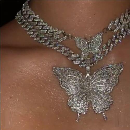 3 Colors Hip Hop Iced Out Shiny Butterfly Pendant Necklace Dainty Jewelry for Women Wedding / Party Gift 2021 New Design