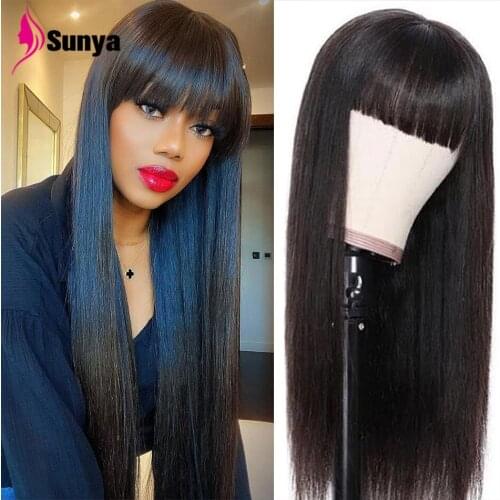 Straight Full Machine Wigs With Bangs 100% Human Hair Wigs With Bangs Brazilian Bang Wig Human Hair Natural Color 22" 24" Inch