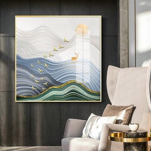 Luxury Modern Square Landscape Decoration Painting Golden Animal Deer Canvas Wall Minimalist Picture Print Texture Poster Room