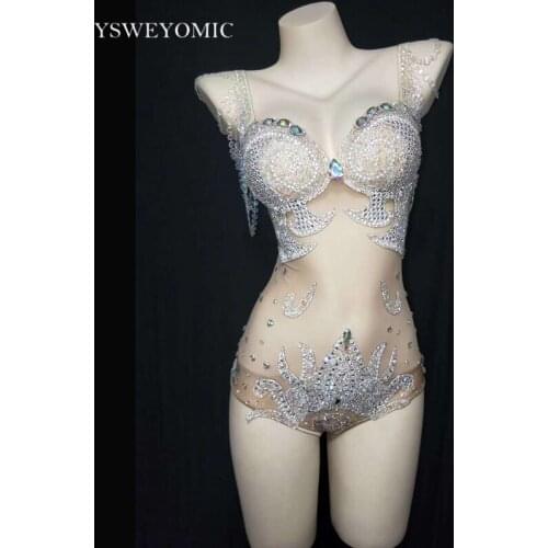 Mesh Sparkly Rhinestones Pearl Transparent Bodysuit White Headdress Women Dancer Bar Show Outfit Prom Birthday Party Outfit Set