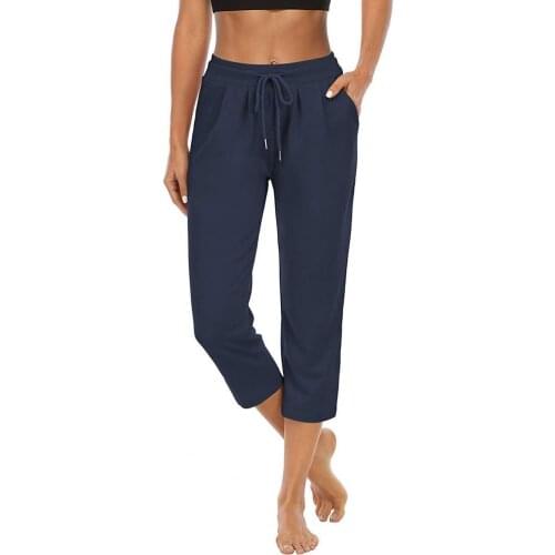 Women Capri Pants Drawstring Solid Color High Waist Pockets Loose 3/4 Trousers for Hiking