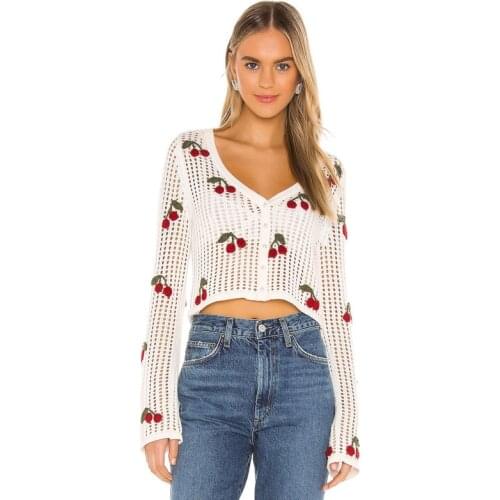 Sunscreen Knitted Cherry Embroidery White Crochet Hollow Cardigan Female Short Slim 2021 New Thin Sweater For Women Casual Top