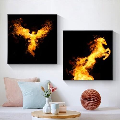 Modern Abstract Fire Animal Posters and Prints Bird Lion Horse Art Canvas Painting Wall Pictures for Kids Living Room Home Decor