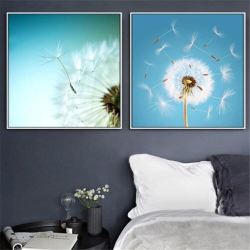 Spray Color Nordic Fresh Blue White Dandelion Flower Plant Canvas Painting Sofa Background Wall Picture Print Poster Room Decor