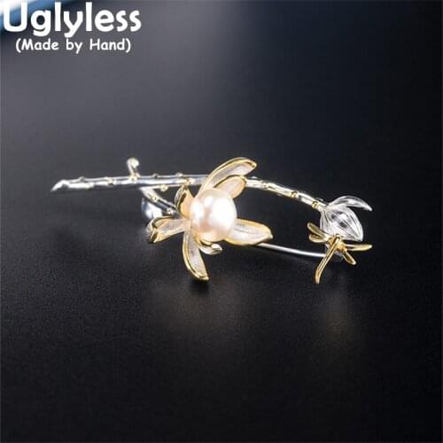 Uglyless Vivid Dragonfly Lotus Brooches for Men Oriental Charm Elegant Pearls Brooch Pins Women 925 Silver Lotus Flowers Jewelry