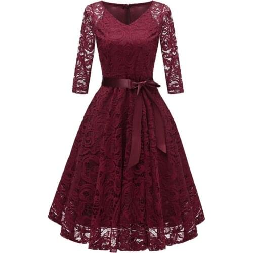Ladies Autumn And Winter Sexy Long-sleeved Lace V-neck Dress Elegant Temperament Solid Color Party Midi Skirt