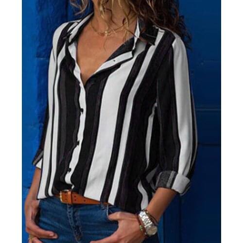 40#Striped Shirt Women Casual Cuffed Long Sleeve V-Neck Button Up Shirt Blouse Turn-down Collar Elegant Daily Office Lady Tops