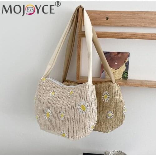 2021 Vintage Women Summer Beach Vacation Flowers Woven Small Shoulder Underarm Bags Handbag Women Tote Vintage