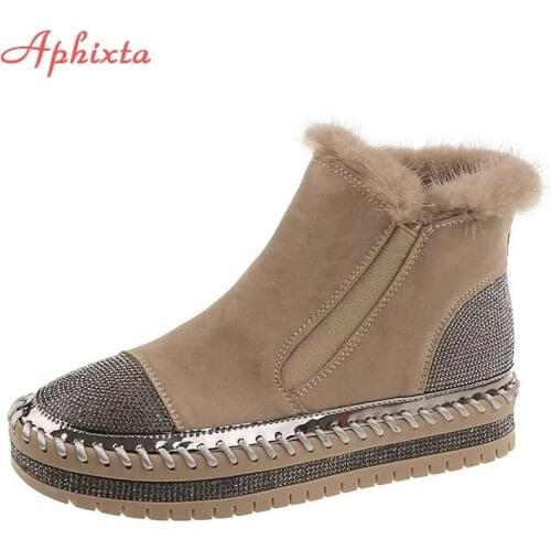 Aphixta Real Hair Warm Winter Crystals Shoes Woman Elastic Band Couple Chunky Sole Platform Big Size 44 Waterproof Ankle Boots