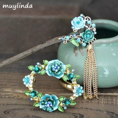 Vintage Tassel Flower Blossom Hair Sticks Women Retro Banquet Hair Jewelry Painting Flower Hair Clip Barrettes