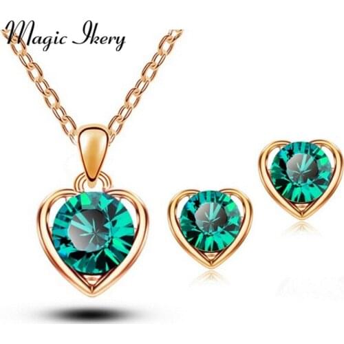 Magic Ikery Gold Silver Color Crystal Heart Fashion Costume Jewelery Bridal Jewelry Sets For Women Necklace Earrings Set 1331