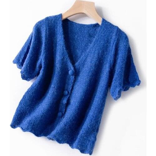 Women Mohair & Wool V Neckline Short Sleeve Knit Cardigan Sweater Top - Ladies Blue/White Jumper On Sale