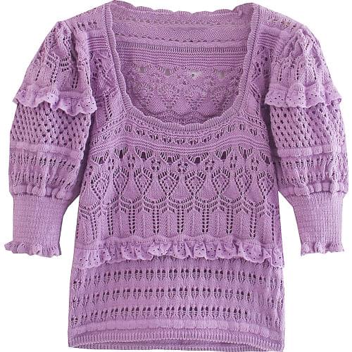 Za Women Fashion Retro Solid Color O-neck Knitted Pullover Vintage Bubble Short Sleeve Sweater XITIMEAO