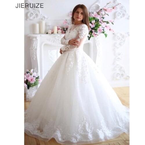 JIERUIZE White Lace Appliques beading luxury Wedding Dresses Long Sleeves Lace up Back Wedding Bridal Gowns Vestido De Novia