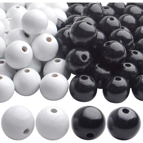 100pcs 20mm Natural Round Wooden Beads Small Hole Wood Loose Beads Smooth Painted Spacer Loose for Jewelry Making, White,Black