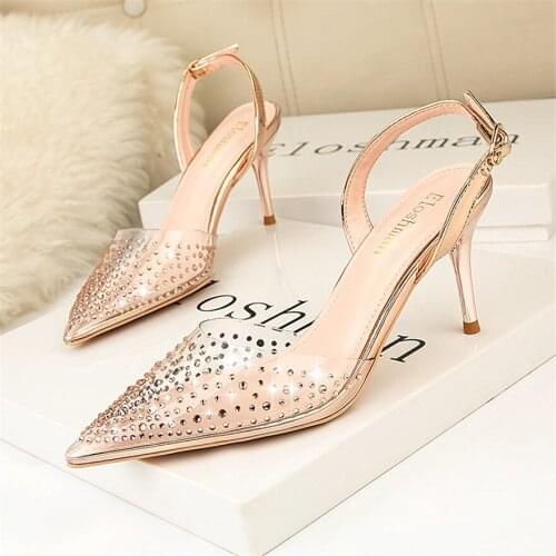 2021 Transparent Rhinestone Fashion Sandals For Women Back Buckle High Heel Shoes Pointed Toe Crystal Shallow Ladies Dress Pumps
