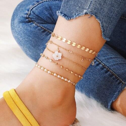 5Pcs/set Gold Ankle Bracelets for Women 2020 Barefoot Fashion Alloy Crystal Flower Anklet Female Simple Leg Chain Foot Jewelry