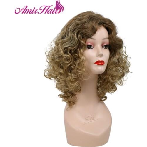 Amir Hair Brown Ombre Blonde Highlight Short Synthetic Wig Afro Kinky Curly Fluffy Blond Wigs For Black Women African American