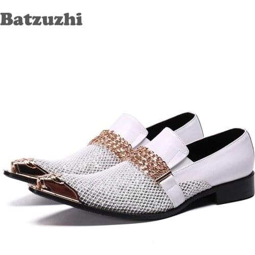 Batzuzhi Italian Type Men Shoes Pointed Metal Tip White Leather Dress Shoes Slip on Gentleman White Wedding Shoes Men, 38-46