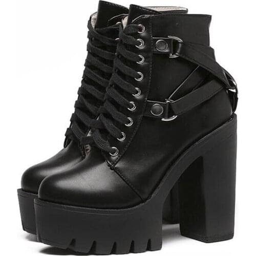 Fashion Black Boots Women Heel Spring Autumn Lace-up Soft Leather Platform Shoes Woman Party Ankle Boots High Heels
