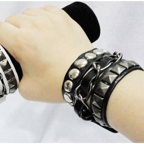 Bracelet for women Handmade Boho Hippie Punk Black Leather Metal Charms Button Lock Wrap Unisex Bracelets decoration