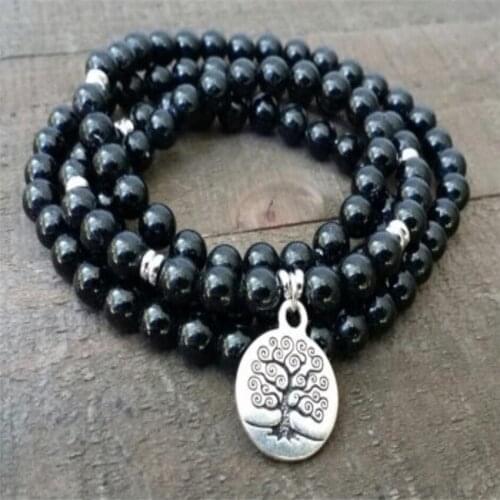 6mm black agate Gemstone Mala Bracelet 108 Beads pendant Wrist chain Fancy pray yoga Unisex Bless natural