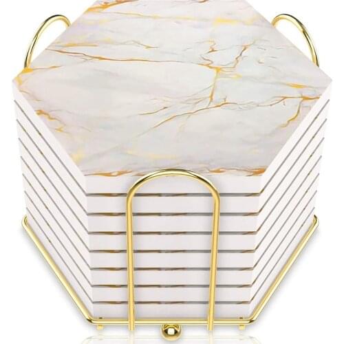 8 PC Coasters for Drinks Absorbent with Holder Marble Design Ceramic Coaster Set Super Absorbent Hot and Cold Drink