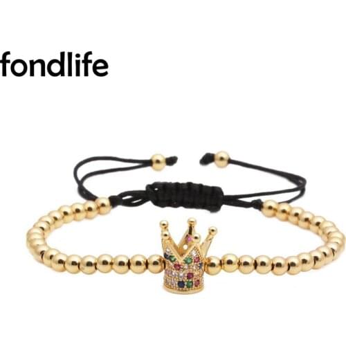 AAA Cubic Zirconia Stones Brass Crown 4MM Copper Beaded Bracelet Women Men Rose-gold Gunmetal 4 Color Macrame Jewelry Present