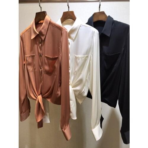 Fashion 2021 new women long-sleeved sexy casual solid color silk pointed collar shirt 0330