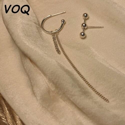 VOQ 925 Sterling Silver Minimalist Asymmetric Chain Tassel Earrings Fashionable Women Teen Girls Party Jewelry Gift