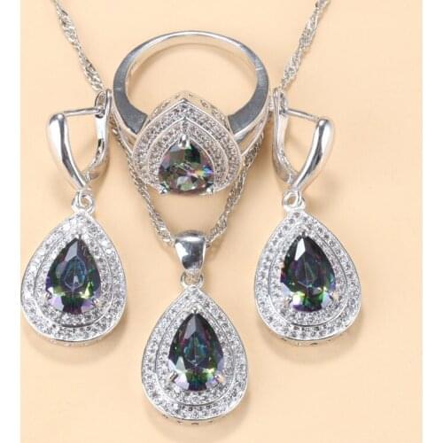 Bridal Jewelry Sets Rainbow Cubic Zirconia Water Drop Accessories Wedding Ring Earrings And Necklace Sets For Women Gift