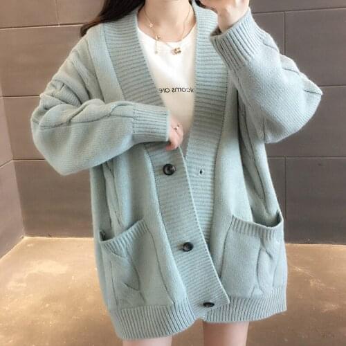 Solid Deep V-Neck Womans Knit Sweater Long Sleeve Ladies Cardigan with Pockets and Buttons Loose Warm Knit Cardigans for Female