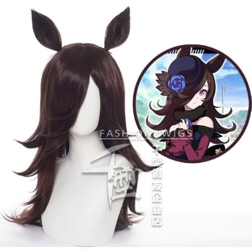 Umamusume Pretty Derby Rice Shower Wig With Ears Cosplay Costume Heat Resistant Synthetic Hair Women Dark Brown Long Wigs