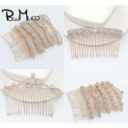 Powmuco Shining Rhinestone Bowknot Hair Comb for Women Girls Handmade Luxury Bridal Headwear Accessories Alloy Crown Hairpin