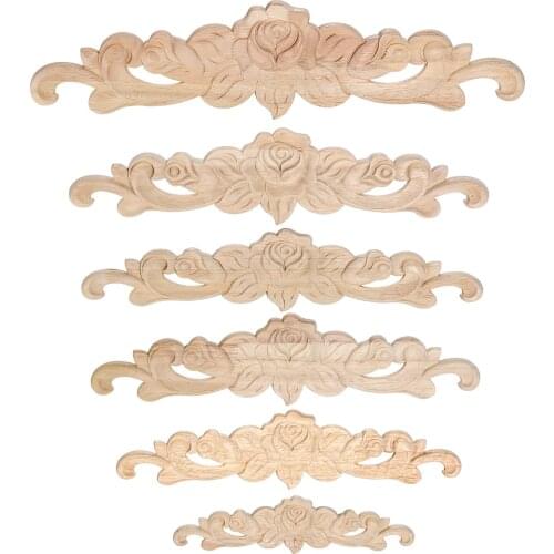 Rectangle Flower Carving Wood Appliques Door Furniture Cabinet Decorative Unpainted Wooden Mouldings Decal Vintage Home Decor