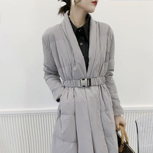 2021 autumn and winter new down jacket womens fashion temperament V-neck waist tie long-sleeved long down jacket