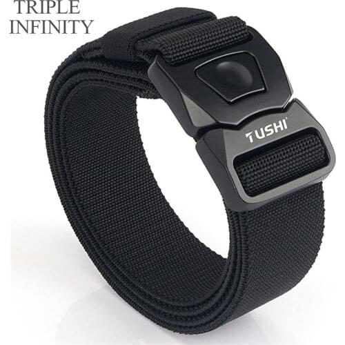 TRIPLE INFINITY Elastic Jeans Belt For Men Hard Alloy Pluggable Buckle Work Tactical Belts Comfortable Male Canvas Trouser Belt