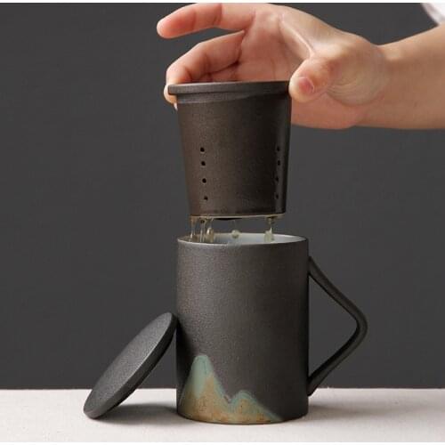 Glazed painting color coarse ceramic mug with filter cover three piece water cup office and home travel tea set tea cup gift
