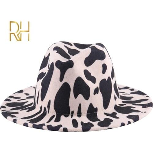 2020 Men Women Wide Brim Wool Felt Cow Print Fedora Hats Vintage Panama Trilby Cap Jazz Hat RH