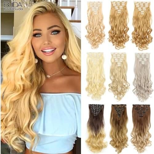 22Inch Curly 16 Clips in Hair Extension Ombre Blue Gray Synthetic Fake Hairpieces Highlight Heat Resistent Fiber For White Women