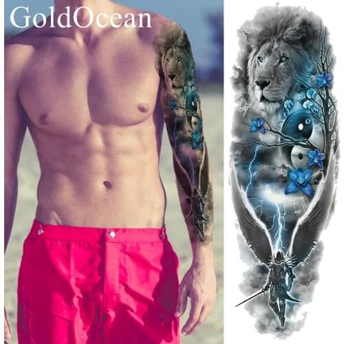 Sexy Black Lion Warrior Water Transfer Tattoo Men Full Arm Temporary Tattoo Stickers Lighting Women Shoulder Tatoos Flower Wings
