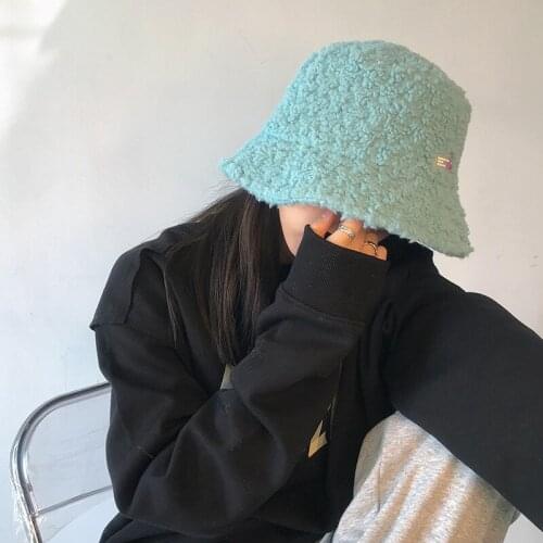 Warm Lamb Hair Fisherman Hat Female Pink Blue Black Plush Basin Hat Warm Thick Hat Autumn/winter