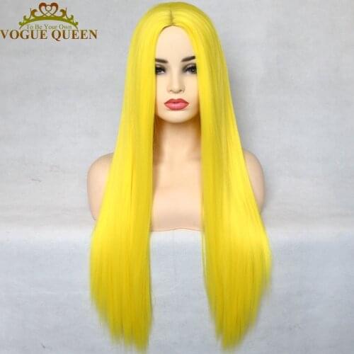 Vogue Queen Sexy Yellow Synthetic Long Straight Wig Full Machine Made Wigs Nautral Middle Part Heat Resistant Fiber For Women