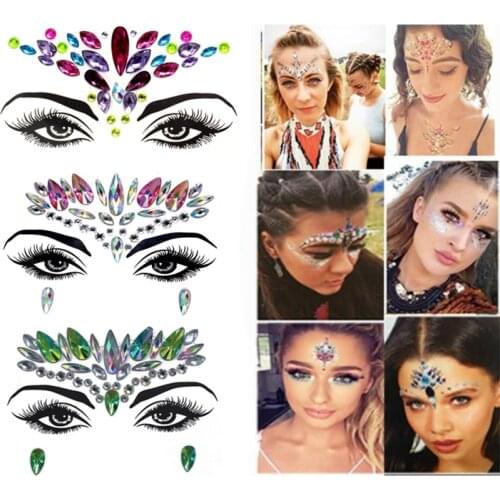 Temporary Tattoo 3D Crystal Face Jewels Rhinestone Stickers Gems Glitter Tattoo Temporary Makeup Body Flash Fake Festival Party