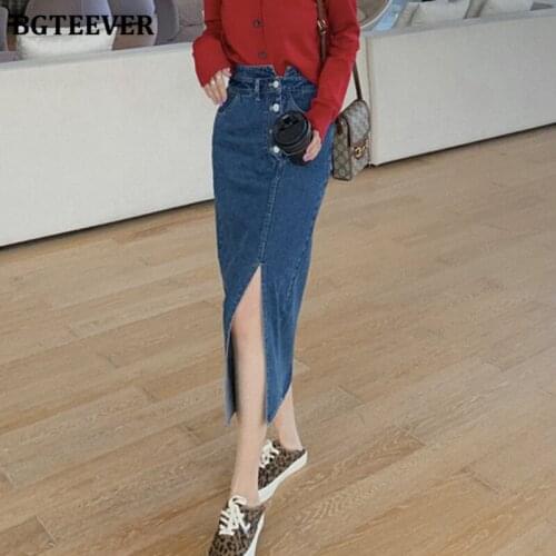 BGTEEVER Stylish Chic High Waist Buttons Denim Blue Jeans Skirts for Women Spring Summer Side Split Female Pencil Jeans Skirts
