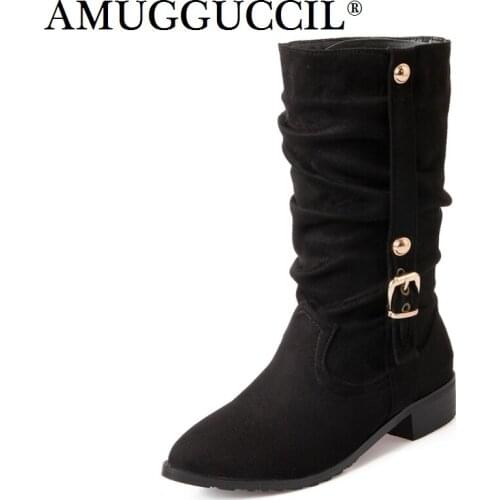 Plus Big Size 28-52 Black Beige Wine-Red Brown Blue Buckle Fashion Autumn Winter Girl Lady Females Women Boots X1676