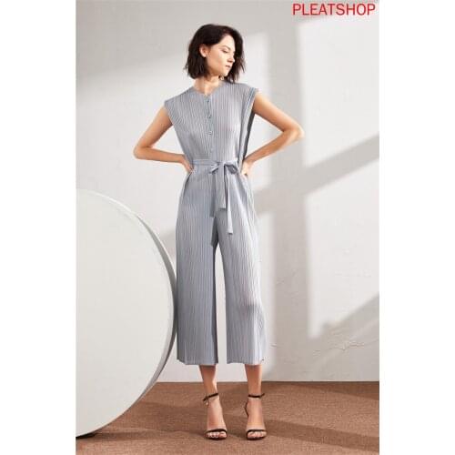 MIYAKE Elegant Casual Spring And Summer Women 's Sleeveless V- neck Slimming Lace -up Wide-Leg Onesie rompers womens jumpsuit