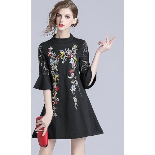 2020 Spring & summer solid Mandarin Collar Embroidery half Chinese Style Floral short elegant dress black dress